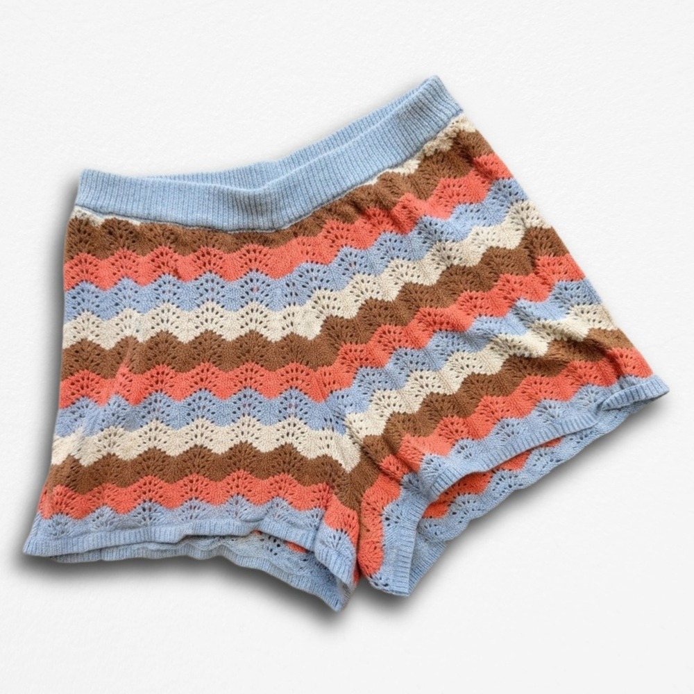 Rip Curl Womens Small Crochet Knit Chevron Shorts Blue Orange Brown Zig Zag Boho